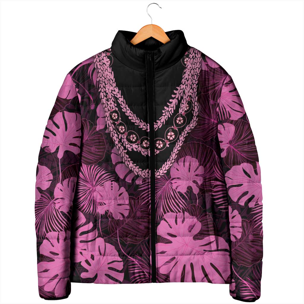 Pink Hawaii Kukui Nut Lei Padded Jacket Hawaiian Pattern Monstera Tropical Vibes LT14 - Polynesian Pride