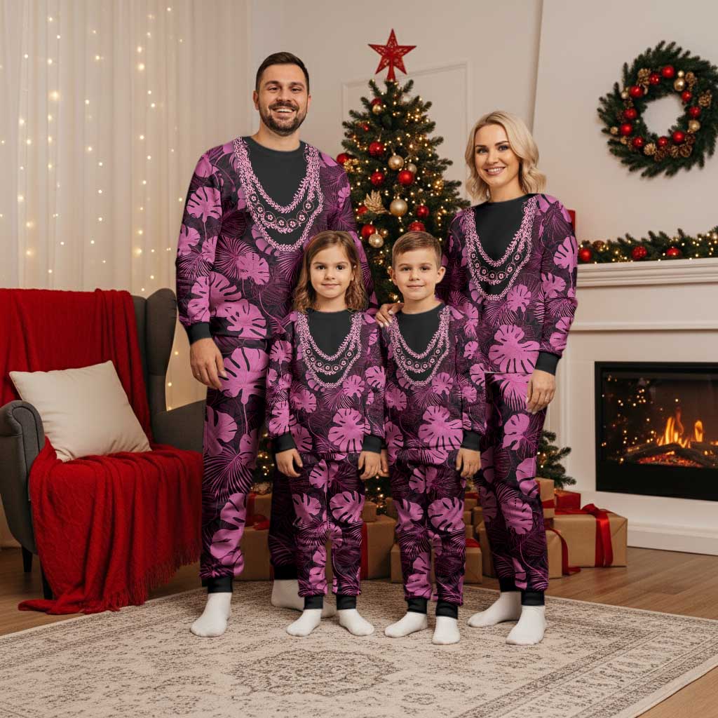 Pink Hawaii Kukui Nut Lei Christmas Pajama Set Hawaiian Pattern Monstera Tropical Vibes LT14 - Polynesian Pride