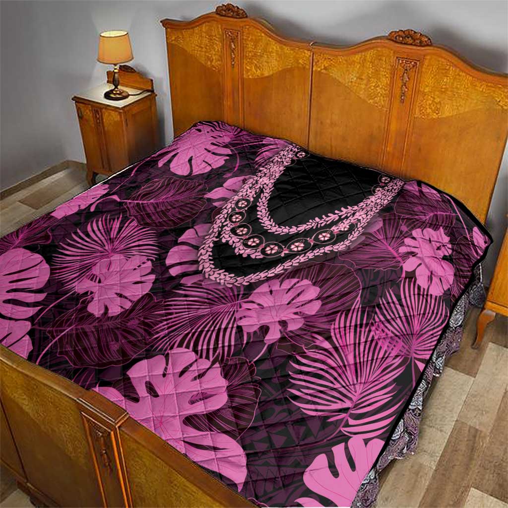 Pink Hawaii Kukui Nut Lei Quilt Hawaiian Pattern Monstera Tropical Vibes - Polynesian Pride