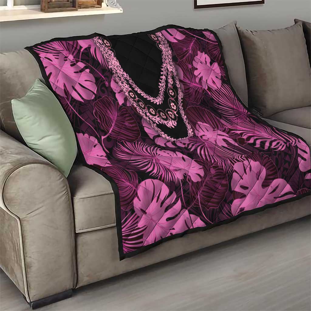 Pink Hawaii Kukui Nut Lei Quilt Hawaiian Pattern Monstera Tropical Vibes - Polynesian Pride