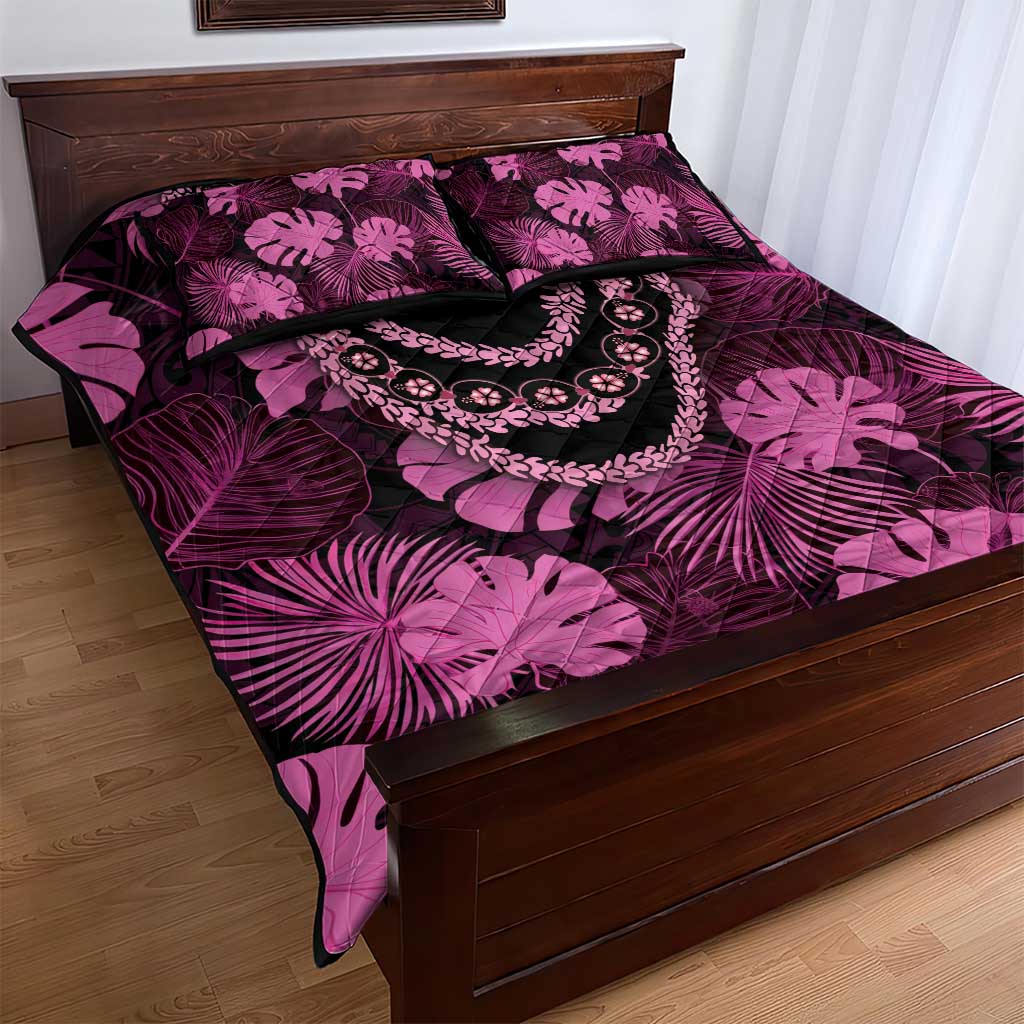 Pink Hawaii Kukui Nut Lei Quilt Bed Set Hawaiian Pattern Monstera Tropical Vibes - Polynesian Pride