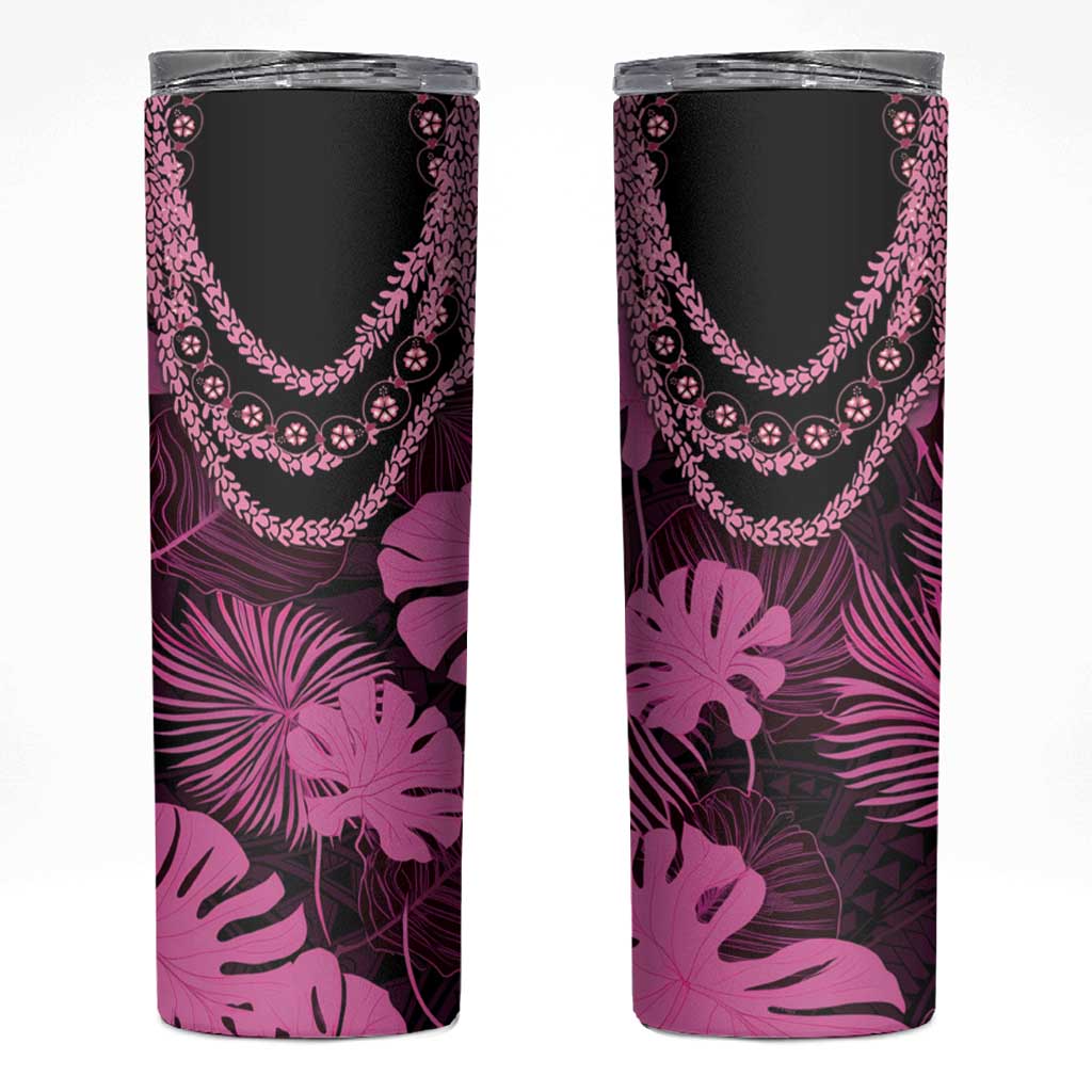 Pink Hawaii Kukui Nut Lei Skinny Tumbler Hawaiian Pattern Monstera Tropical Vibes - Polynesian Pride