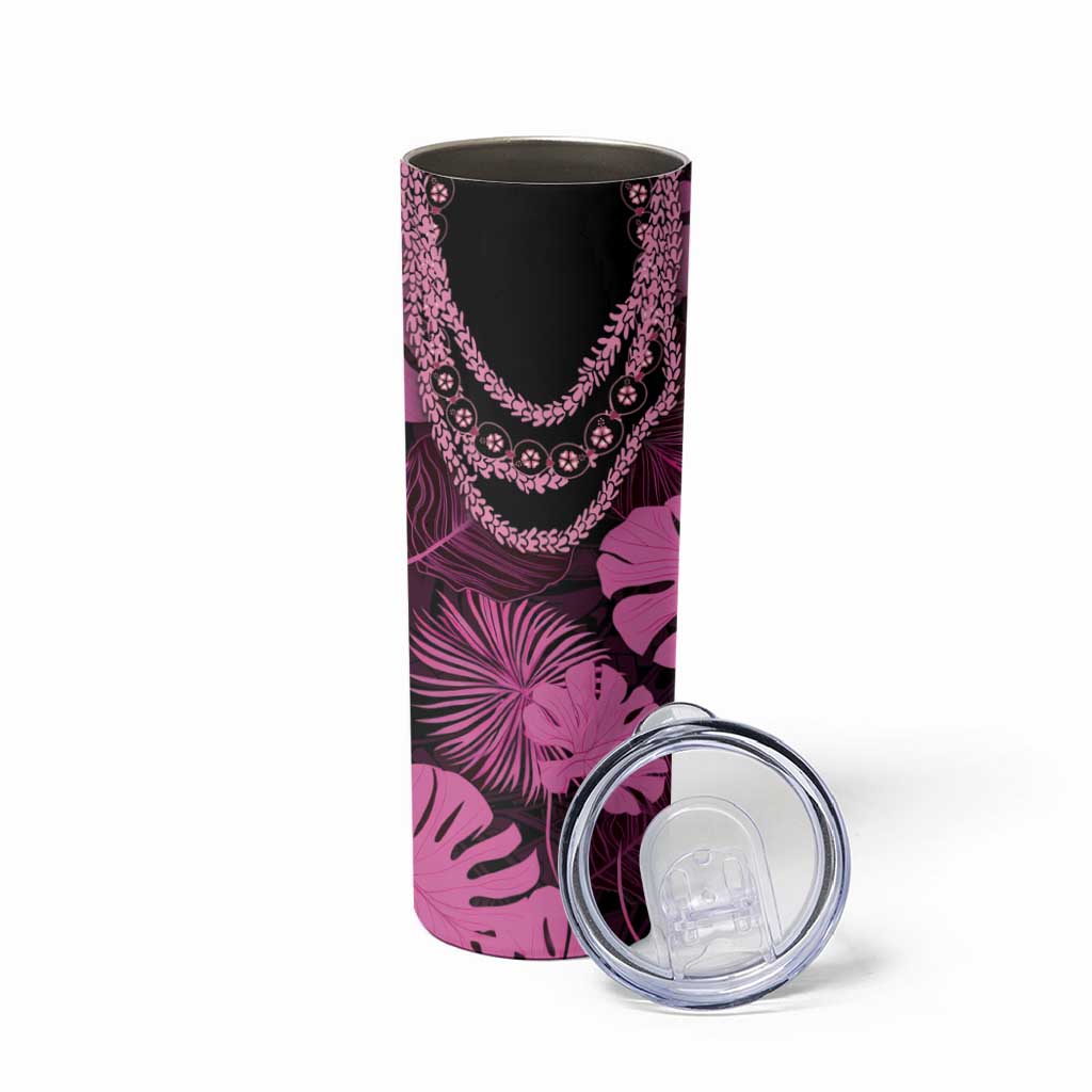 Pink Hawaii Kukui Nut Lei Skinny Tumbler Hawaiian Pattern Monstera Tropical Vibes - Polynesian Pride