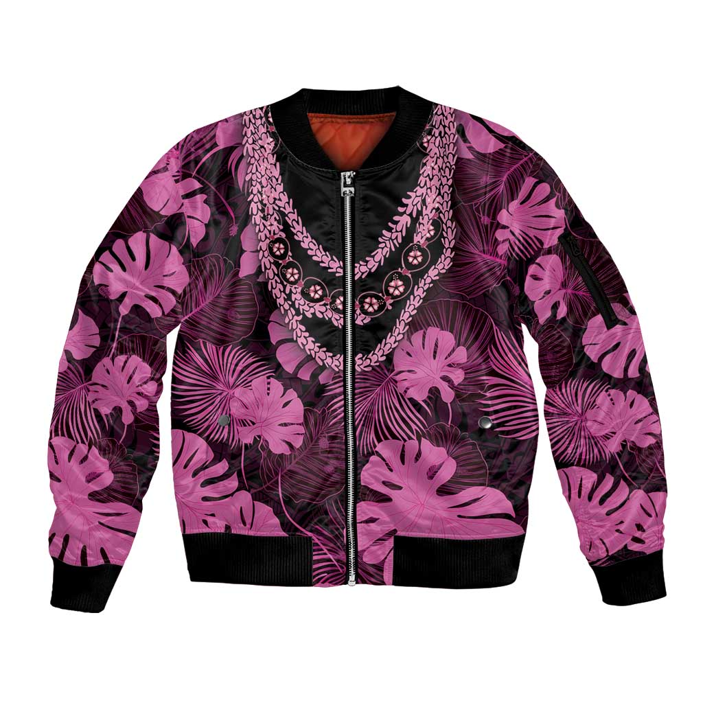 Pink Hawaii Kukui Nut Lei Sleeve Zip Bomber Jacket Hawaiian Pattern Monstera Tropical Vibes LT14 Unisex Pink - Polynesian Pride