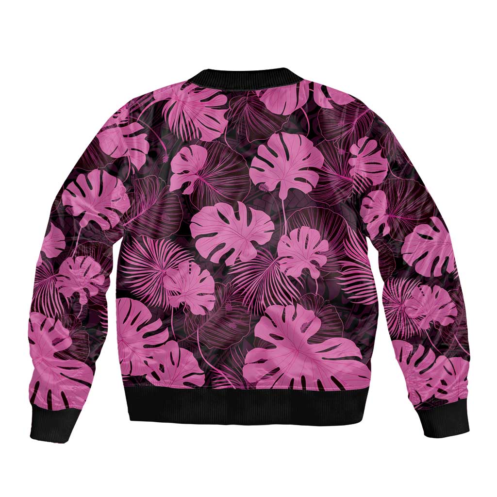 Pink Hawaii Kukui Nut Lei Sleeve Zip Bomber Jacket Hawaiian Pattern Monstera Tropical Vibes LT14 - Polynesian Pride
