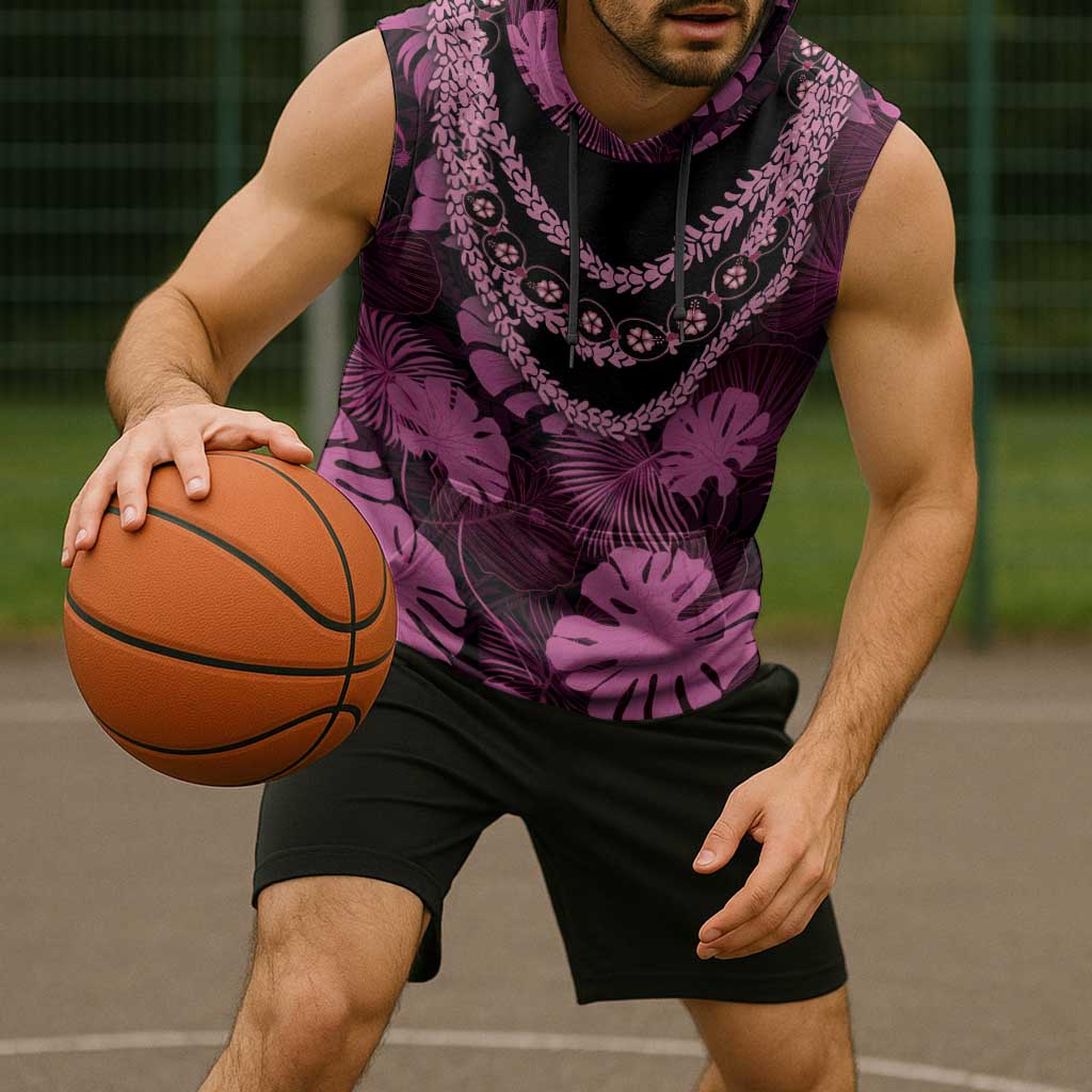 Pink Hawaii Kukui Nut Lei Sleeveless Hoodie Hawaiian Pattern Monstera Tropical Vibes LT14 - Polynesian Pride