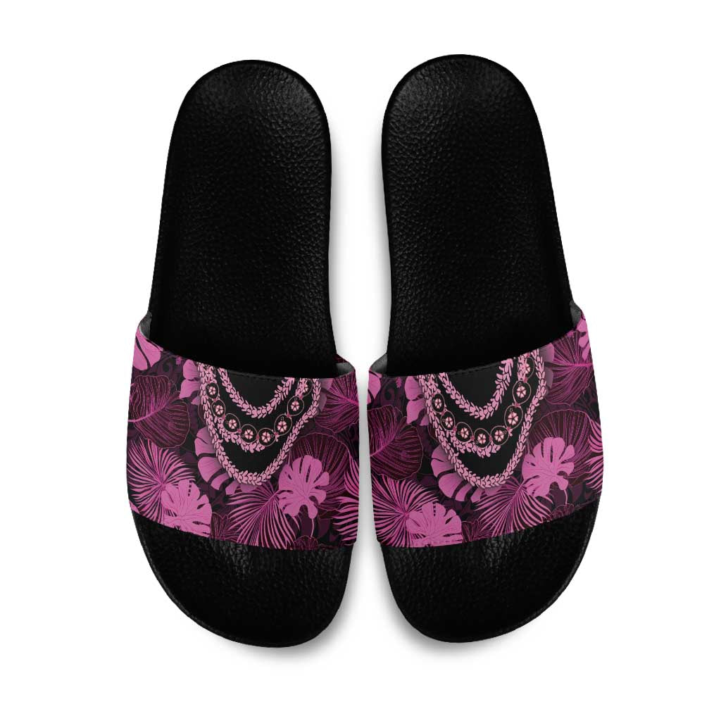 Pink Hawaii Kukui Nut Lei Slide Sandals Hawaiian Pattern Monstera Tropical Vibes - Polynesian Pride