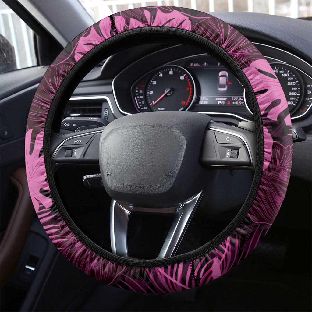 Pink Hawaii Kukui Nut Lei Steering Wheel Cover Hawaiian Pattern Monstera Tropical Vibes - Polynesian Pride