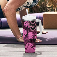 Pink Hawaii Kukui Nut Lei Tumbler With Handle Hawaiian Pattern Monstera Tropical Vibes - Polynesian Pride
