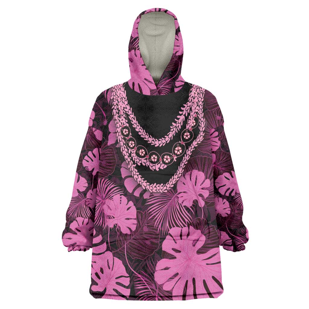 Pink Hawaii Kukui Nut Lei Wearable Blanket Hoodie Hawaiian Pattern Monstera Tropical Vibes LT14 One Size Pink - Polynesian Pride