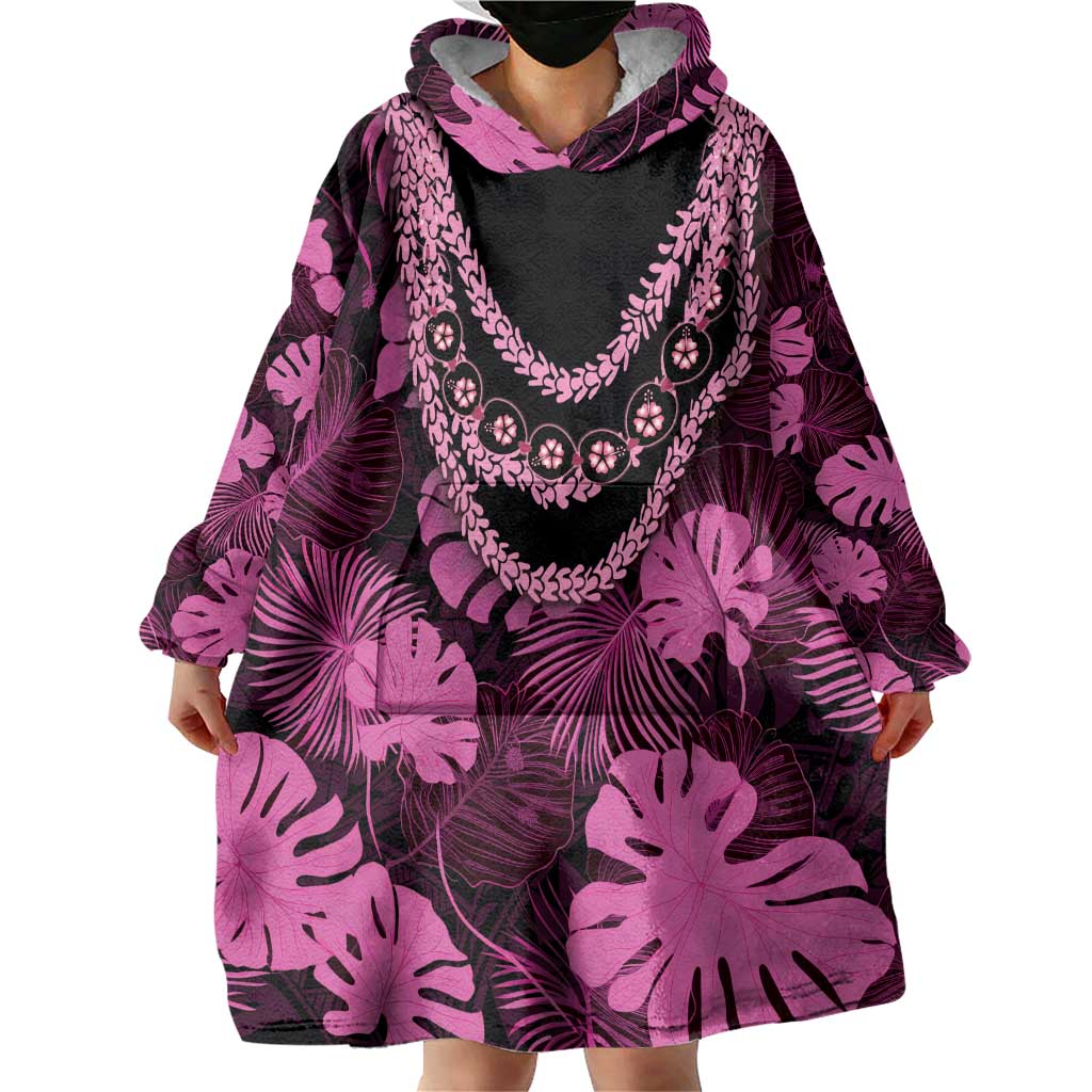 Pink Hawaii Kukui Nut Lei Wearable Blanket Hoodie Hawaiian Pattern Monstera Tropical Vibes LT14 - Polynesian Pride