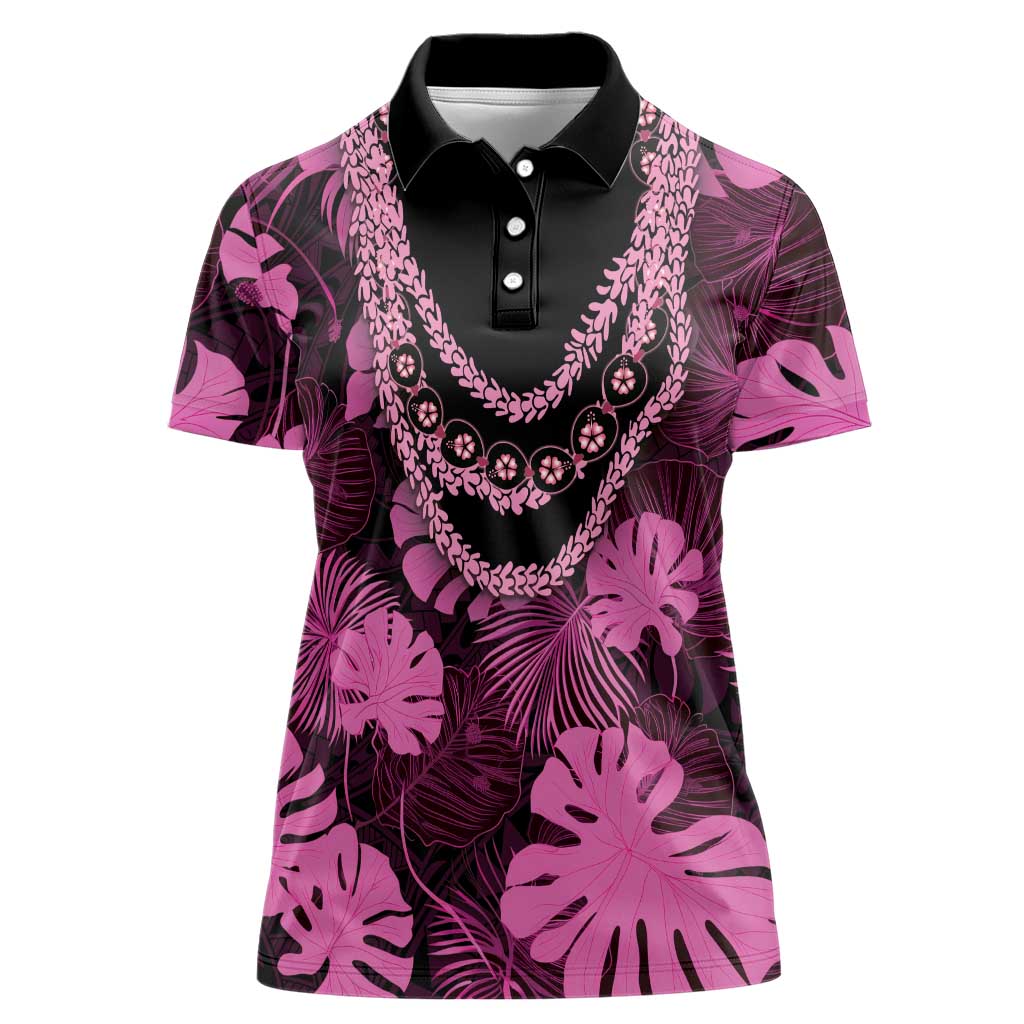 Pink Hawaii Kukui Nut Lei Women Polo Shirt Hawaiian Pattern Monstera Tropical Vibes LT14 Female Pink - Polynesian Pride