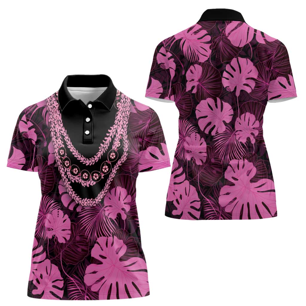 Pink Hawaii Kukui Nut Lei Women Polo Shirt Hawaiian Pattern Monstera Tropical Vibes LT14 - Polynesian Pride