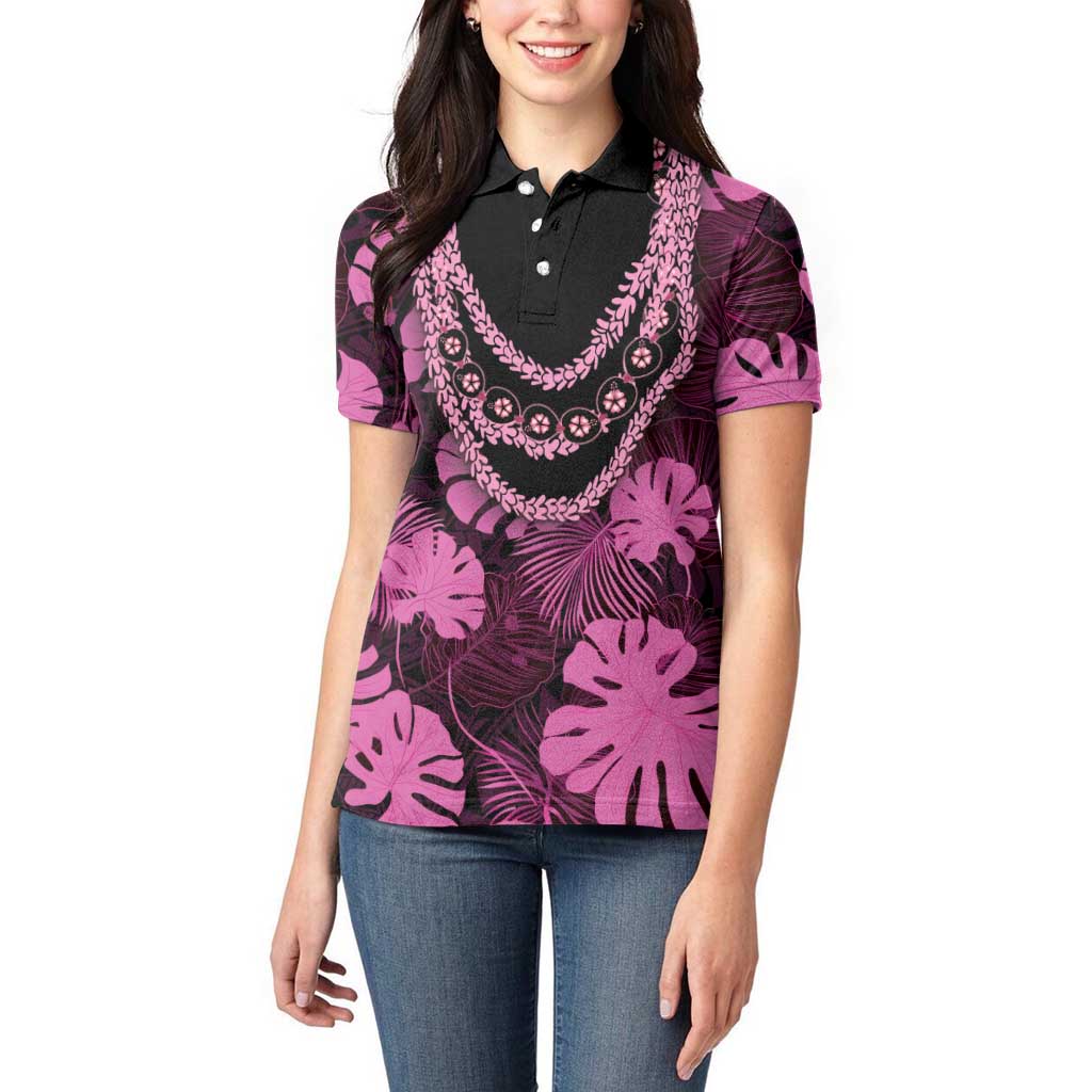 Pink Hawaii Kukui Nut Lei Women Polo Shirt Hawaiian Pattern Monstera Tropical Vibes LT14 - Polynesian Pride
