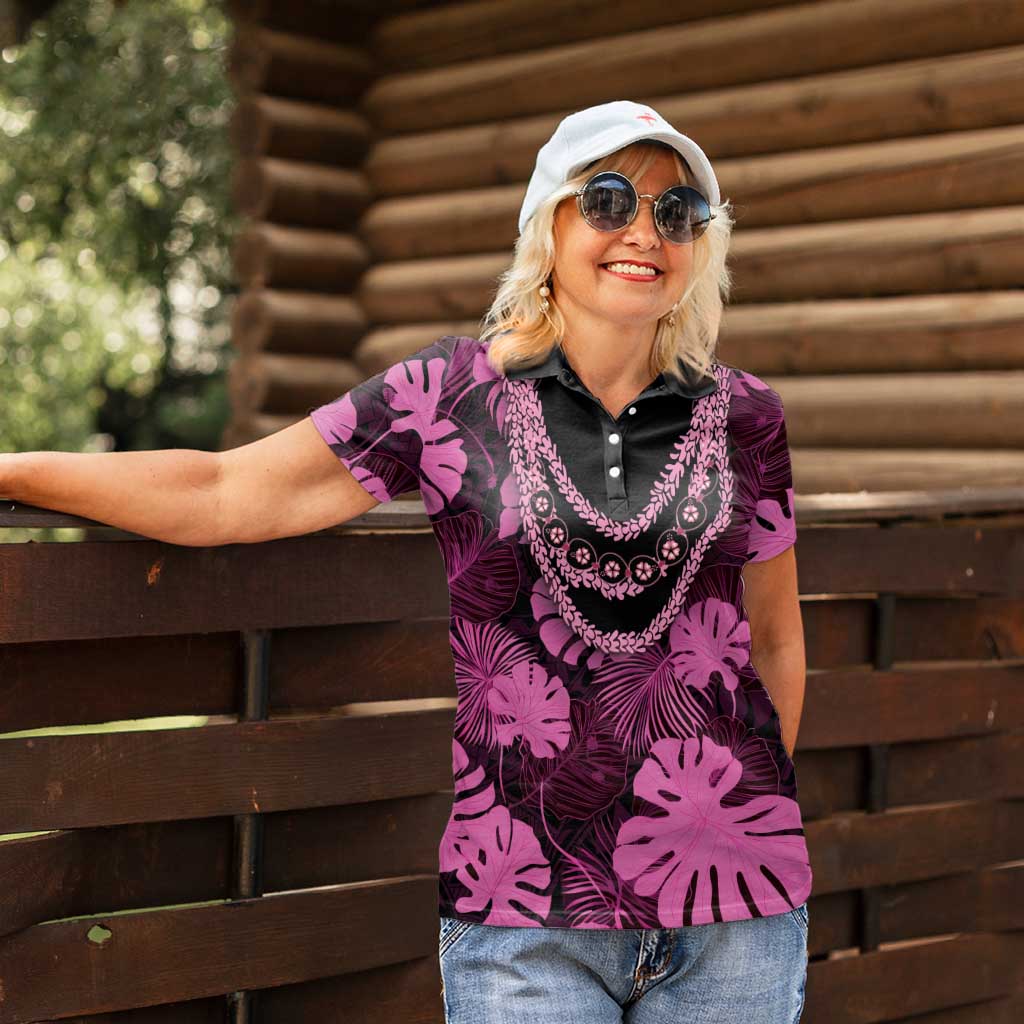 Pink Hawaii Kukui Nut Lei Women Polo Shirt Hawaiian Pattern Monstera Tropical Vibes LT14 - Polynesian Pride