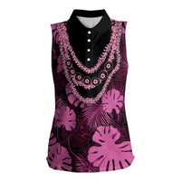 Pink Hawaii Kukui Nut Lei Women Sleeveless Polo Shirt Hawaiian Pattern Monstera Tropical Vibes LT14 Female Pink - Polynesian Pride