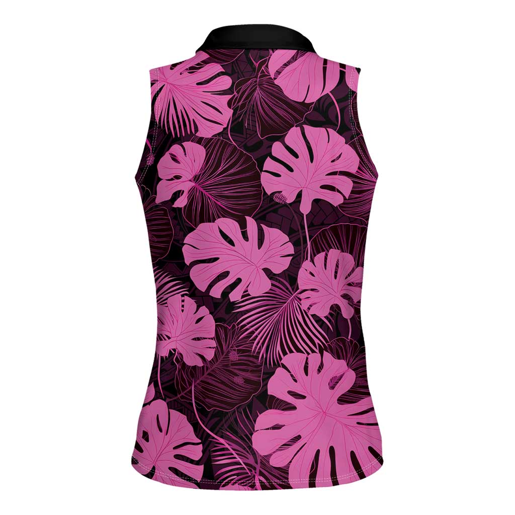 Pink Hawaii Kukui Nut Lei Women Sleeveless Polo Shirt Hawaiian Pattern Monstera Tropical Vibes LT14 - Polynesian Pride