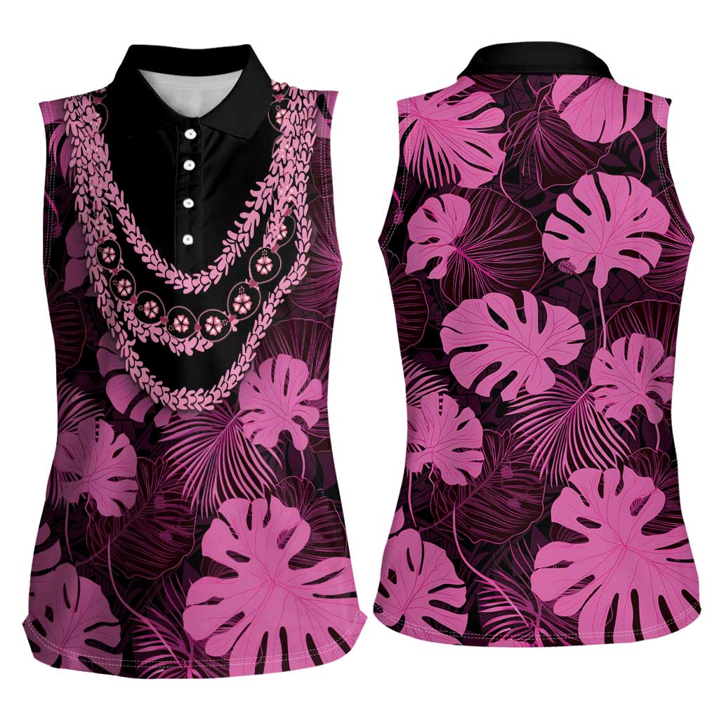 Pink Hawaii Kukui Nut Lei Women Sleeveless Polo Shirt Hawaiian Pattern Monstera Tropical Vibes LT14 - Polynesian Pride