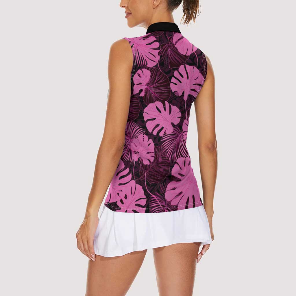 Pink Hawaii Kukui Nut Lei Women Sleeveless Polo Shirt Hawaiian Pattern Monstera Tropical Vibes LT14 - Polynesian Pride