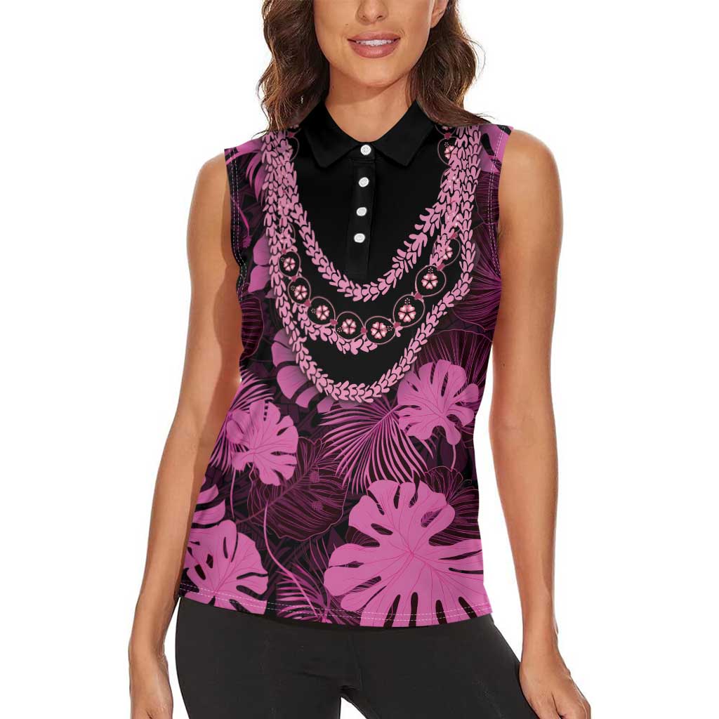 Pink Hawaii Kukui Nut Lei Women Sleeveless Polo Shirt Hawaiian Pattern Monstera Tropical Vibes LT14 - Polynesian Pride