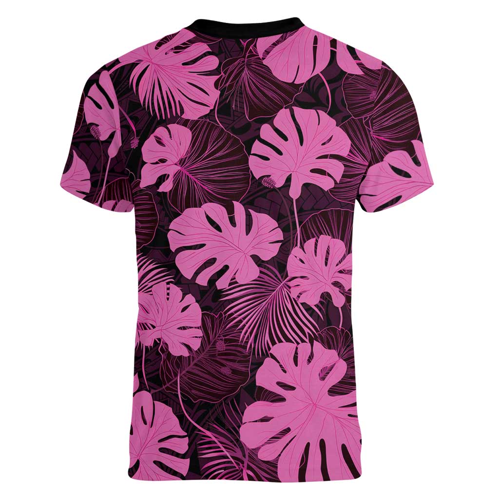 Pink Hawaii Kukui Nut Lei Women V-Neck T-Shirt Hawaiian Pattern Monstera Tropical Vibes LT14 - Polynesian Pride