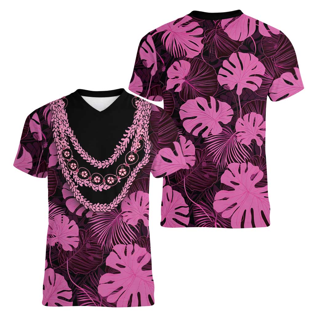 Pink Hawaii Kukui Nut Lei Women V-Neck T-Shirt Hawaiian Pattern Monstera Tropical Vibes LT14 - Polynesian Pride