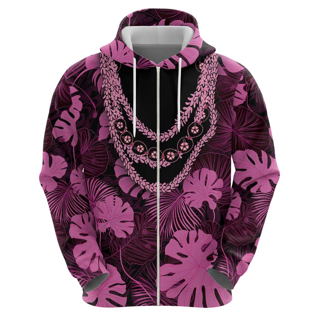 Pink Hawaii Kukui Nut Lei Zip Hoodie Hawaiian Pattern Monstera Tropical Vibes - Polynesian Pride
