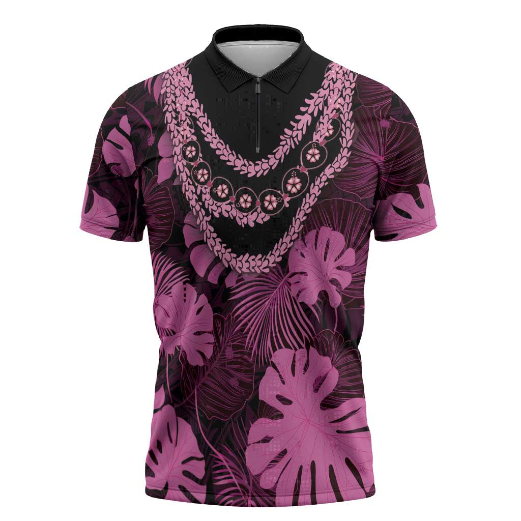 Pink Hawaii Kukui Nut Lei Zipper Polo Shirt Hawaiian Pattern Monstera Tropical Vibes LT14 Pink - Polynesian Pride