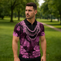 Pink Hawaii Kukui Nut Lei Zipper Polo Shirt Hawaiian Pattern Monstera Tropical Vibes LT14 - Polynesian Pride