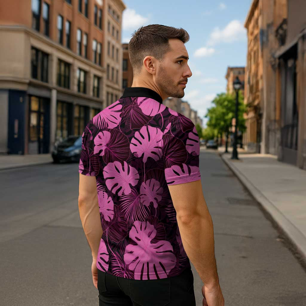 Pink Hawaii Kukui Nut Lei Zipper Polo Shirt Hawaiian Pattern Monstera Tropical Vibes LT14 - Polynesian Pride