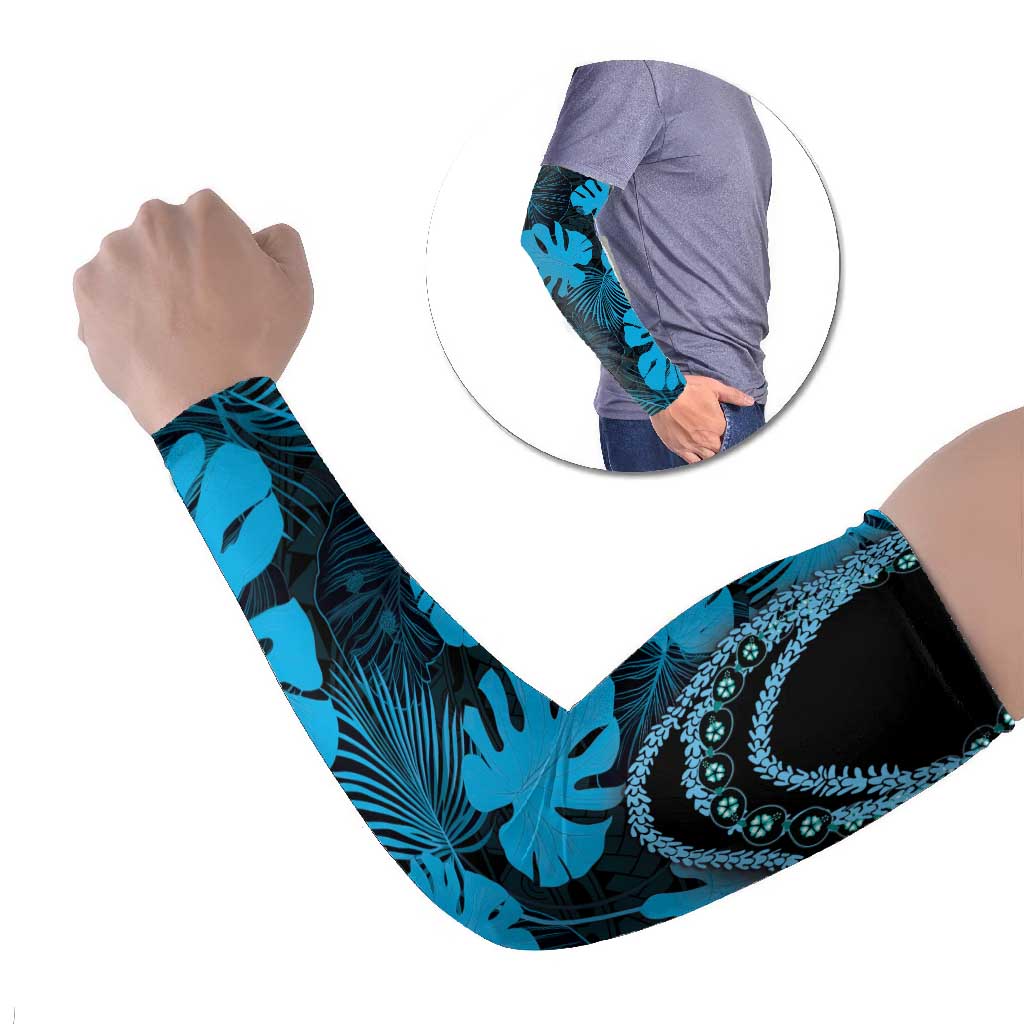 Blue Hawaii Kukui Nut Lei Arm Sleeves Hawaiian Pattern Monstera Tropical Vibes LT14 Set of 2 Blue - Polynesian Pride