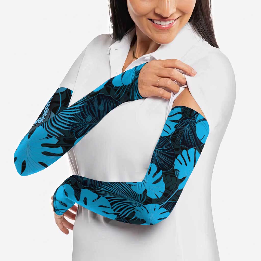 Blue Hawaii Kukui Nut Lei Arm Sleeves Hawaiian Pattern Monstera Tropical Vibes LT14 - Polynesian Pride