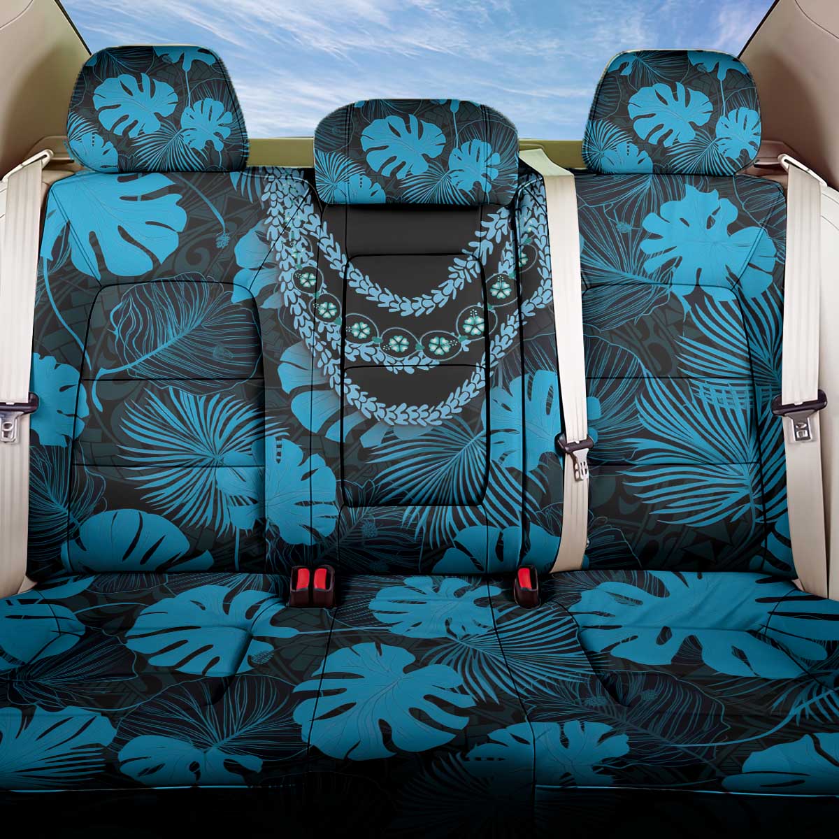 Blue Hawaii Kukui Nut Lei Back Car Seat Cover Hawaiian Pattern Monstera Tropical Vibes - Polynesian Pride
