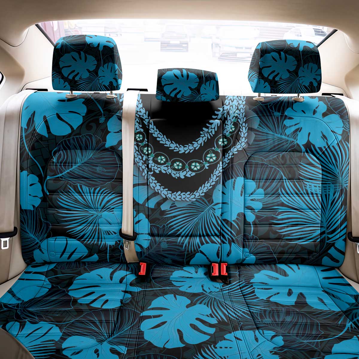 Blue Hawaii Kukui Nut Lei Back Car Seat Cover Hawaiian Pattern Monstera Tropical Vibes - Polynesian Pride