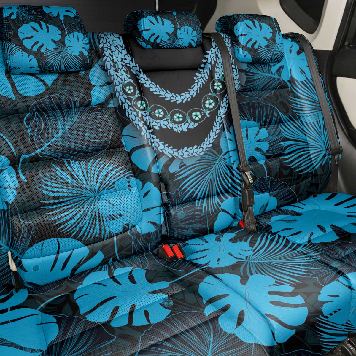 Blue Hawaii Kukui Nut Lei Back Car Seat Cover Hawaiian Pattern Monstera Tropical Vibes - Polynesian Pride