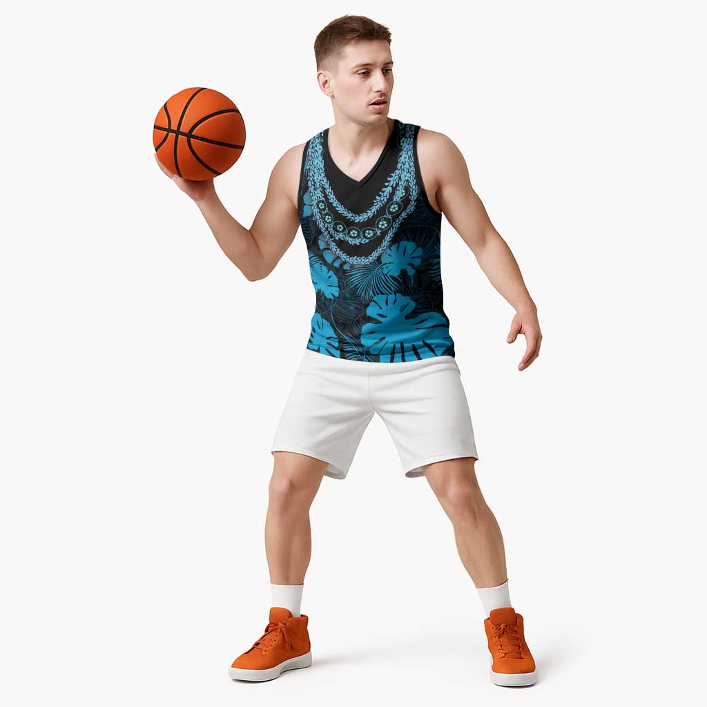 Blue Hawaii Kukui Nut Lei Basketball Jersey Hawaiian Pattern Monstera Tropical Vibes LT14 - Polynesian Pride