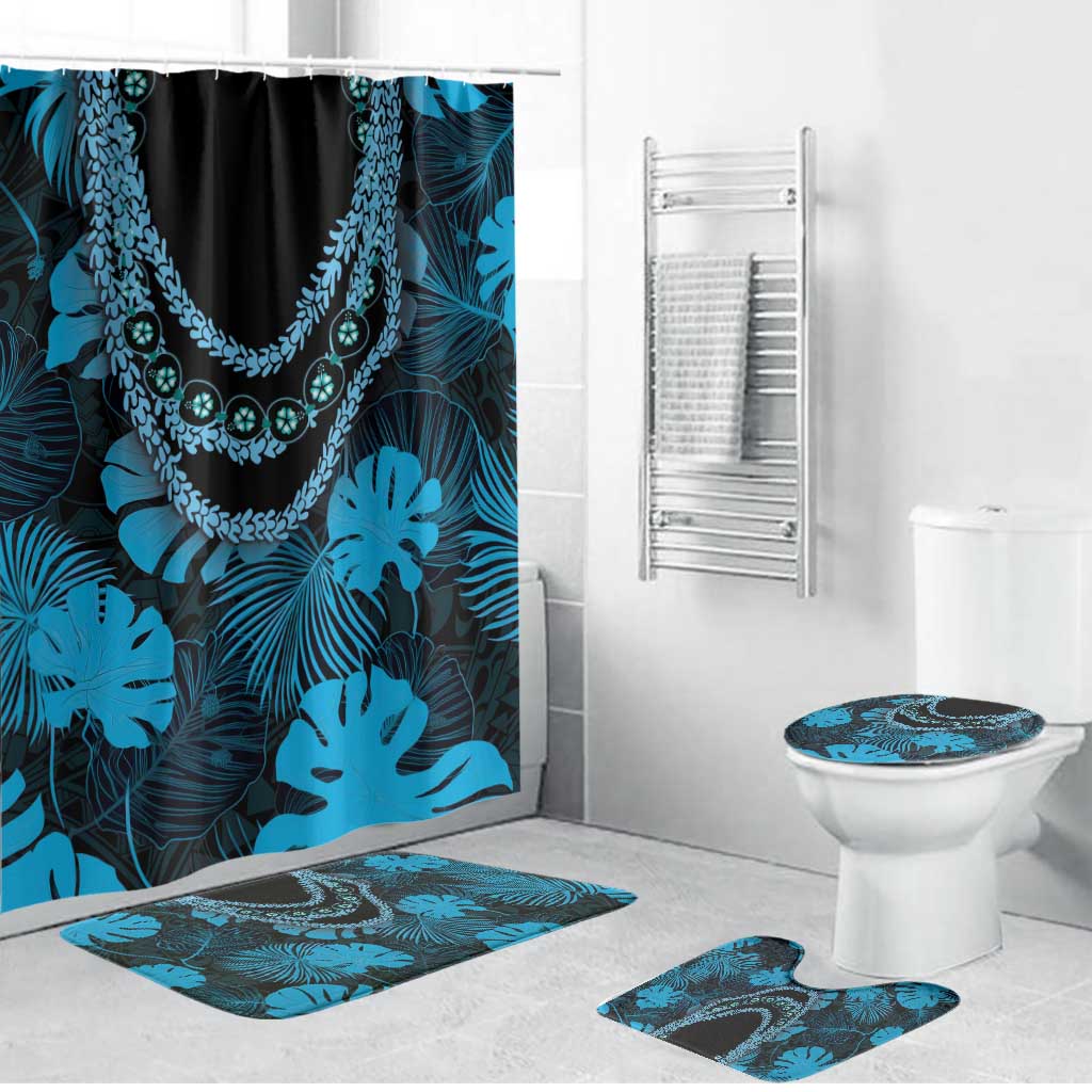 Blue Hawaii Kukui Nut Lei Bathroom Set Hawaiian Pattern Monstera Tropical Vibes - Polynesian Pride
