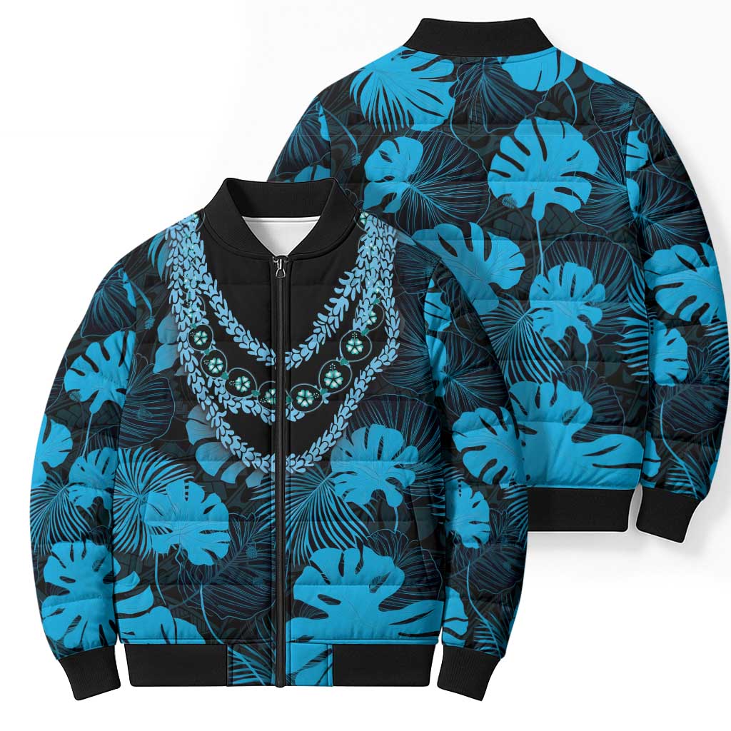 Blue Hawaii Kukui Nut Lei Bomber Puffer Jacket Hawaiian Pattern Monstera Tropical Vibes LT14 - Polynesian Pride