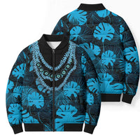 Blue Hawaii Kukui Nut Lei Bomber Puffer Jacket Hawaiian Pattern Monstera Tropical Vibes LT14 - Polynesian Pride