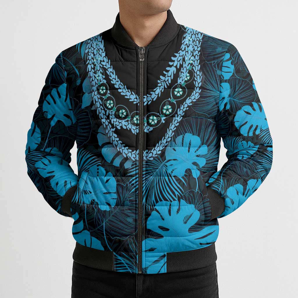 Blue Hawaii Kukui Nut Lei Bomber Puffer Jacket Hawaiian Pattern Monstera Tropical Vibes LT14 - Polynesian Pride