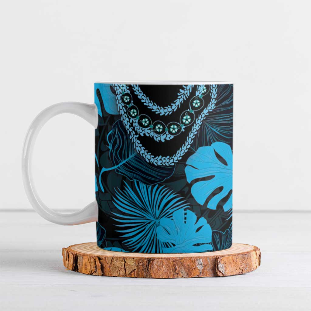 Blue Hawaii Kukui Nut Lei Ceramic Mug Hawaiian Pattern Monstera Tropical Vibes - Polynesian Pride