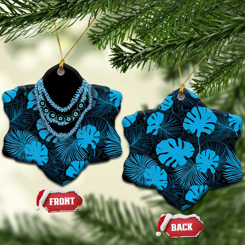 Blue Hawaii Kukui Nut Lei Ceramic Ornament Hawaiian Pattern Monstera Tropical Vibes - Polynesian Pride