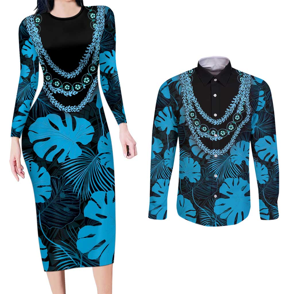 Blue Hawaii Kukui Nut Lei Couples Matching Long Sleeve Bodycon Dress and Long Sleeve Button Shirt Hawaiian Pattern Monstera Tropical Vibes - Polynesian Pride