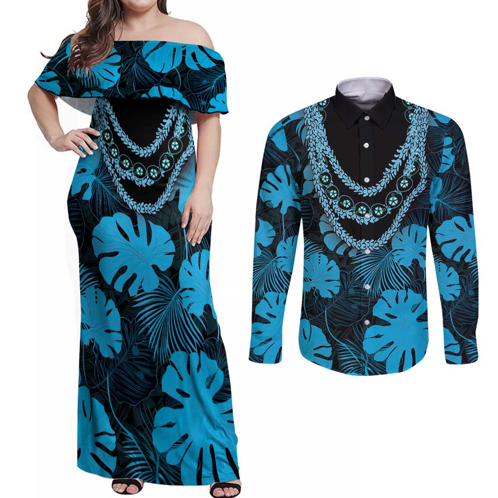 Blue Hawaii Kukui Nut Lei Couples Matching Off Shoulder Maxi Dress and Long Sleeve Button Shirt Hawaiian Pattern Monstera Tropical Vibes - Polynesian Pride