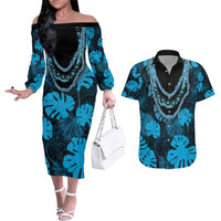 Blue Hawaii Kukui Nut Lei Couples Matching Off The Shoulder Long Sleeve Dress and Hawaiian Shirt Hawaiian Pattern Monstera Tropical Vibes - Polynesian Pride