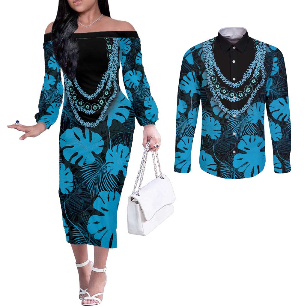 Blue Hawaii Kukui Nut Lei Couples Matching Off The Shoulder Long Sleeve Dress and Long Sleeve Button Shirt Hawaiian Pattern Monstera Tropical Vibes - Polynesian Pride