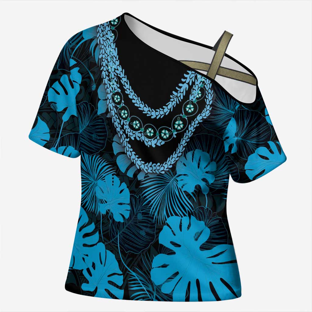 Blue Hawaii Kukui Nut Lei Cross Shoulder Shirt Hawaiian Pattern Monstera Tropical Vibes LT14 Female Blue - Polynesian Pride