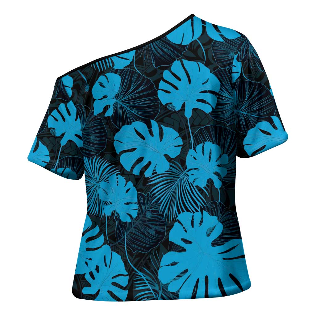 Blue Hawaii Kukui Nut Lei Cross Shoulder Shirt Hawaiian Pattern Monstera Tropical Vibes LT14 - Polynesian Pride