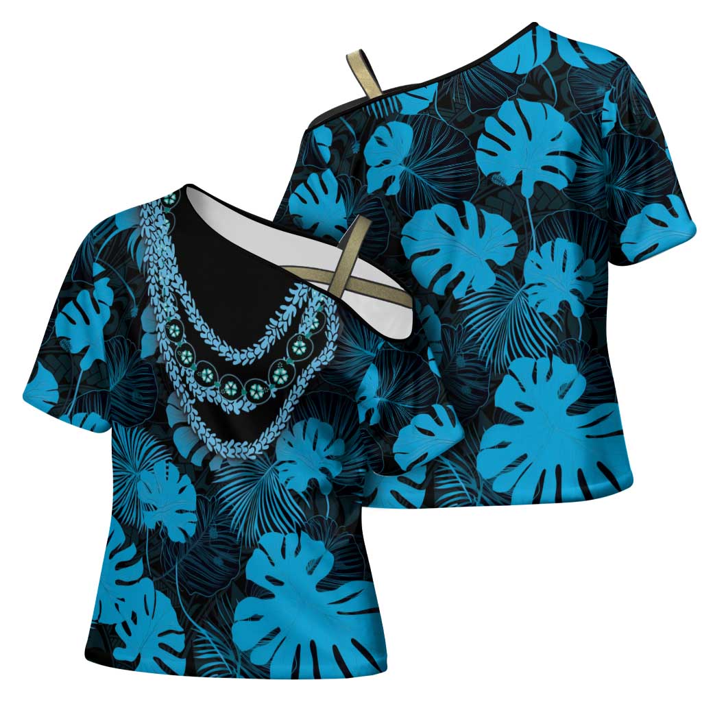 Blue Hawaii Kukui Nut Lei Cross Shoulder Shirt Hawaiian Pattern Monstera Tropical Vibes LT14 - Polynesian Pride