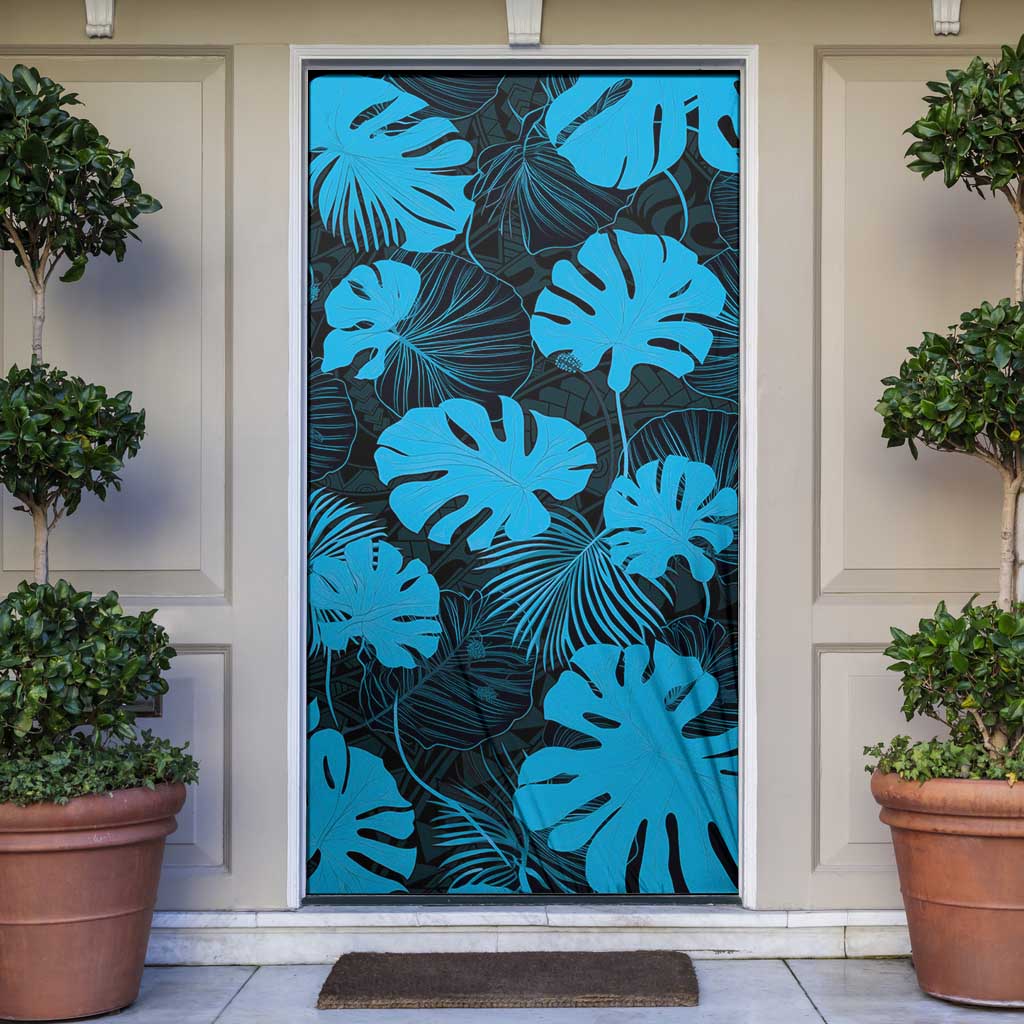 Blue Hawaii Kukui Nut Lei Door Cover Hawaiian Pattern Monstera Tropical Vibes - Polynesian Pride